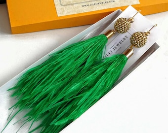 Bright green gold feather earrings, Real ostrich feather earrings, Kelly geen beaded ostrich earrings, Statement feather jewelry gift women