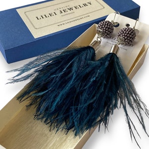 Dark blue ostrich feather earrings, Long navy blue feather earrings, Dramatic blue beaded fluffy earrings, Boho feather jewelry gift women