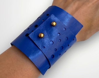 Blue wrap perforated leather bracelet, Bright blue minimalist wide cuff, Women's stylish leather bracelet, Geometrical jewelry gift for her