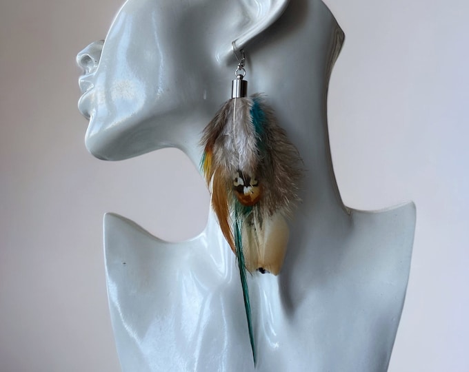 Natural real feather earrings, Long drop colorful hippie earrings, Dangle pheasant rooster turquoise earrings, Best friend jewelry gift