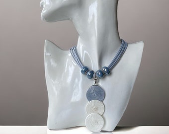 Geometric Cord Pendant Necklace: Gray White Beaded Statement Jewelry