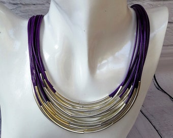 Purple layered jewelry set of multistrand necklace and bracelet - Colorful chunky necklace, cord bracelet - Ultraviolet strand jewelry set