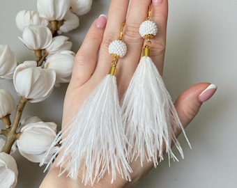 White ostrich feather earrings, Wedding fluffy earrings, Bridal accessories, Dramatic festival jewelry