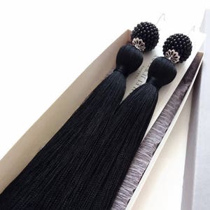 Long black tassel earrings - Black drop clip-on beaded earrings - Black minimalist fashion earrings, Boho tassel earrings perfect gift women