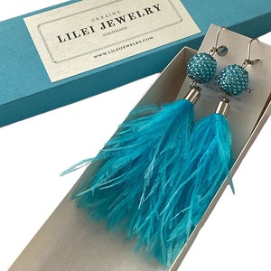 Turquoise blue feather earrings, Bright blue ostrich feather earrings, Sky sea blue fluffy feather earrings, Feather jewelry gift women