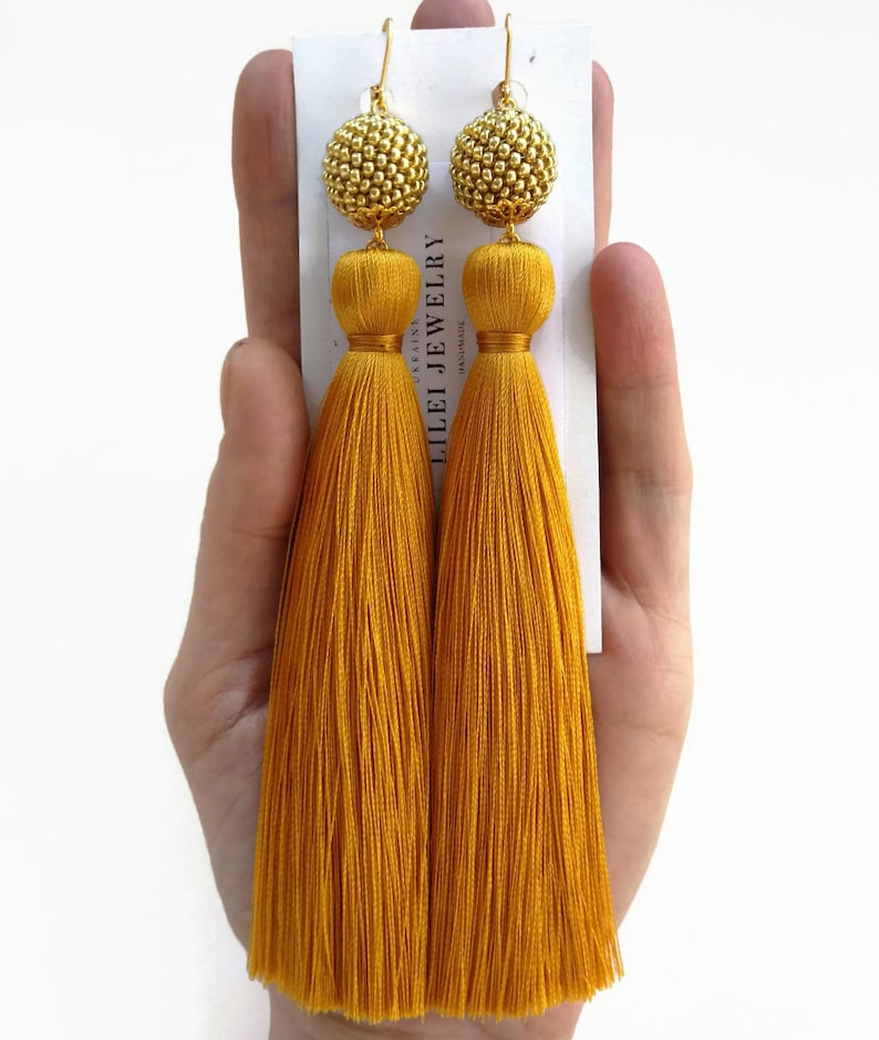 Mustard Yellow Tassel Earrings Long Silk Fringe Drop Etsy