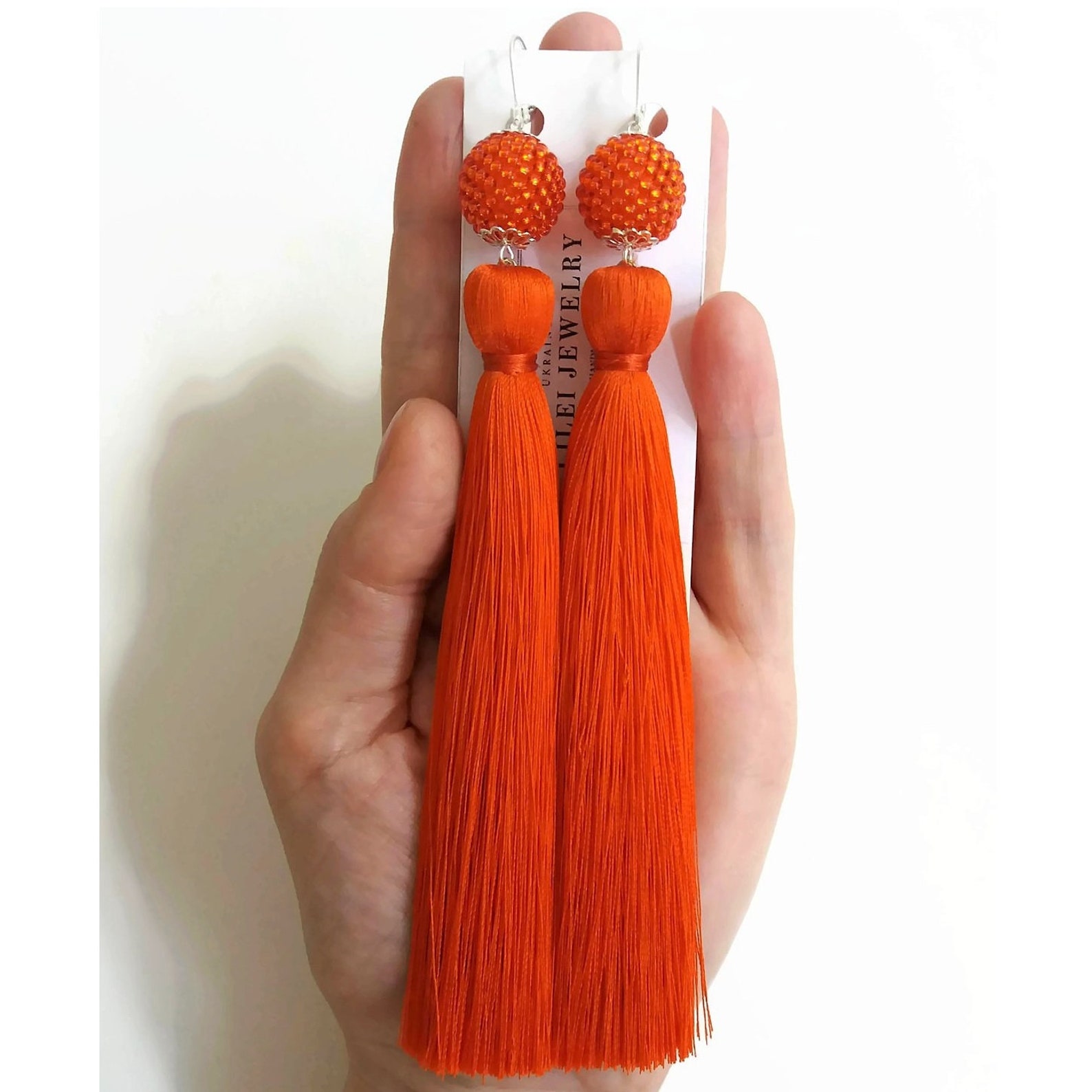Orange Tassel Earrings With Orange Beaded Beads Long Silk Etsy