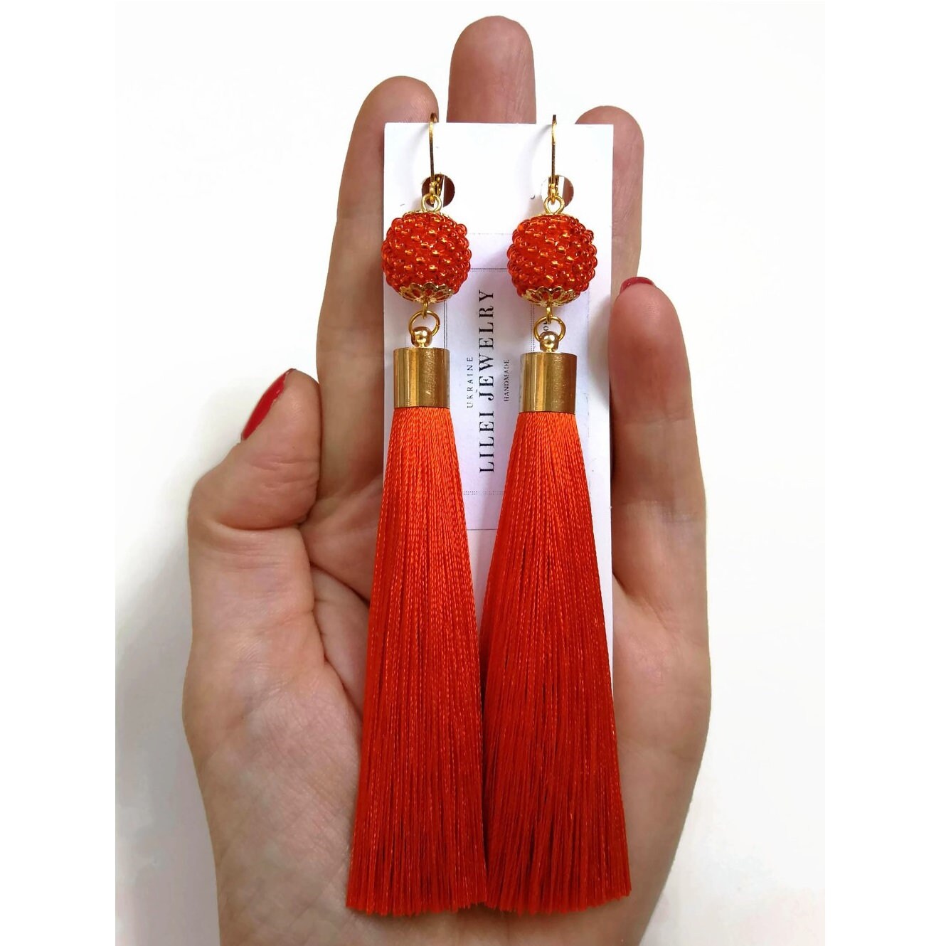 Orange tassel earrings with orange beaded beads Long silk Etsy