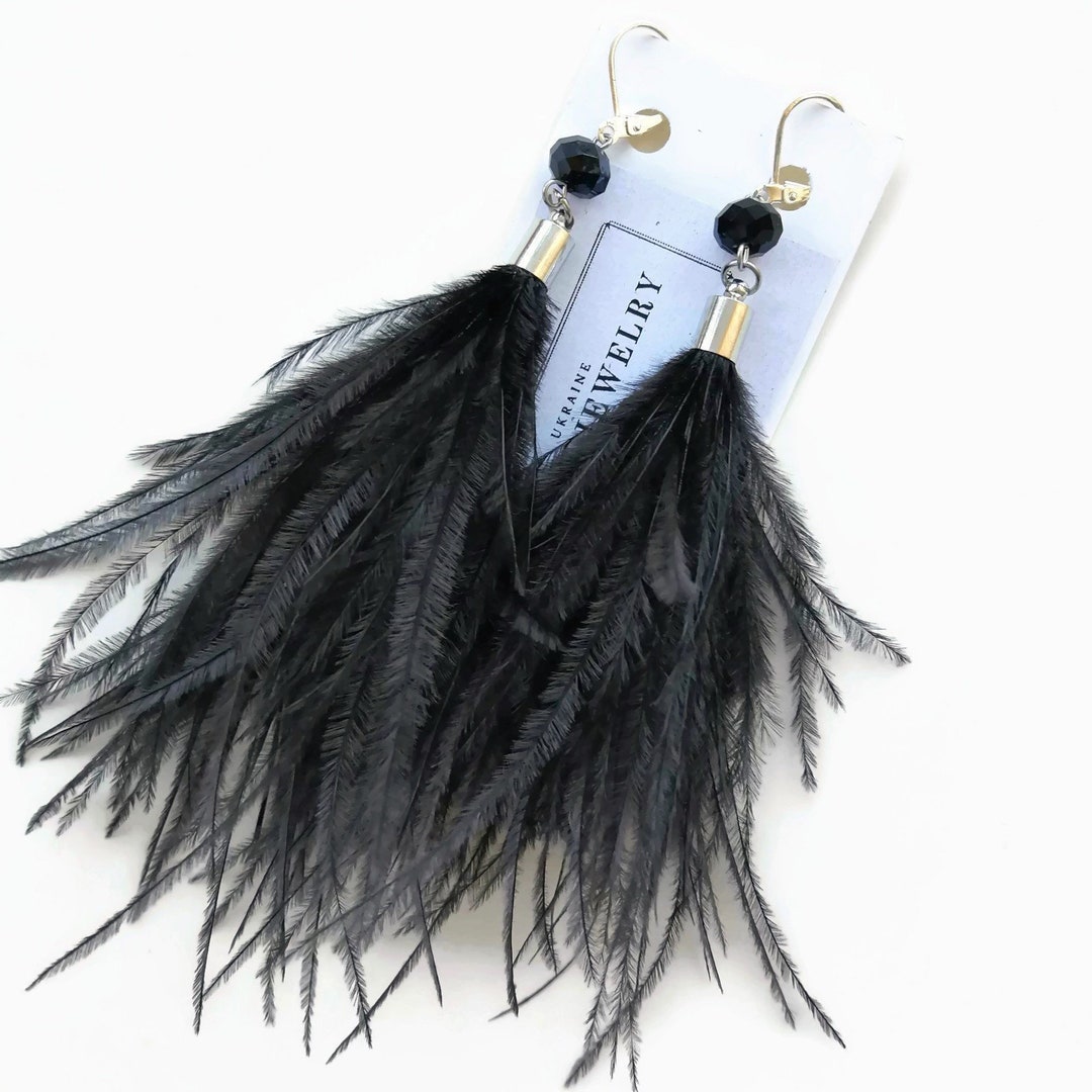 Long Black Feather Earrings Real Ostrich Feather Earrings Etsy