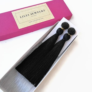 Long black tassel earrings - Black drop clip-on beaded earrings - Black minimalist fashion earrings, Boho tassel earrings perfect gift women