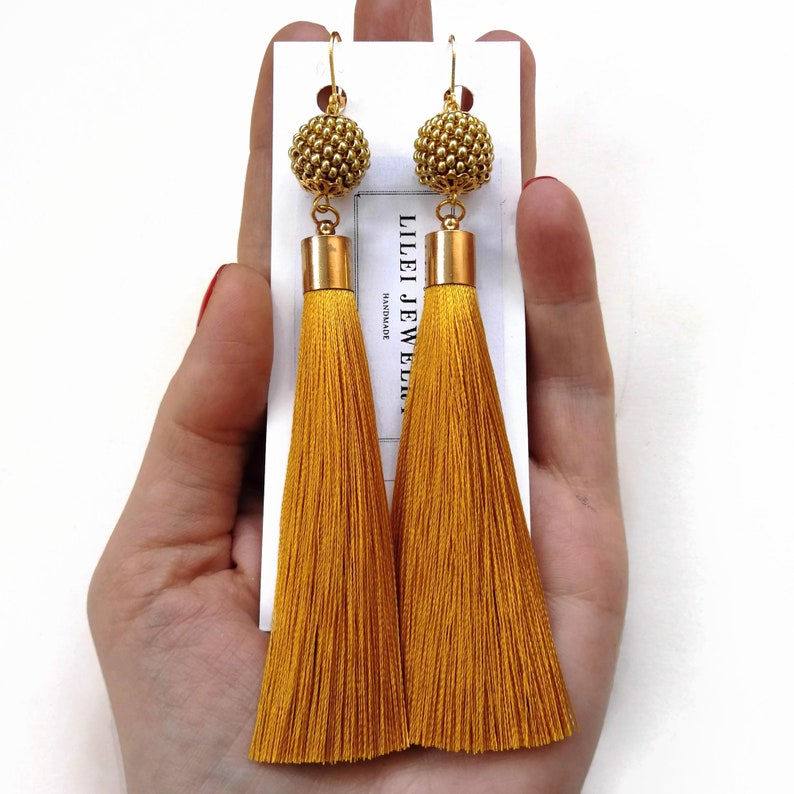 Mustard yellow tassel earrings Long silk fringe drop Etsy