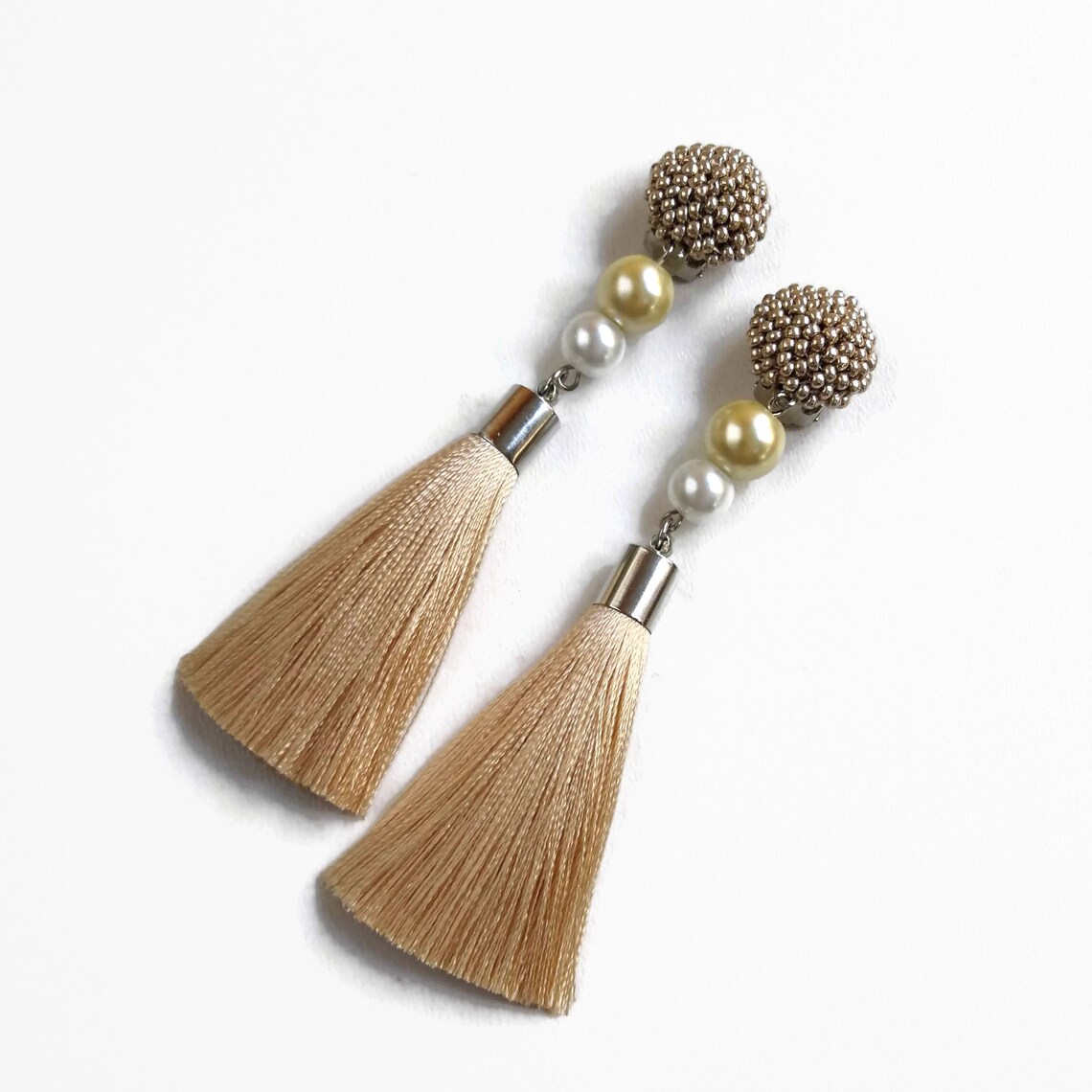 Clip on Beaded Mustard Yellow Tassel Earrings Clip on Drop Etsy