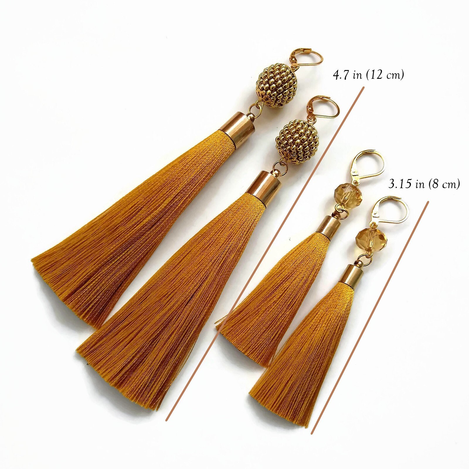 Mustard yellow tassel earrings Long silk fringe drop Etsy