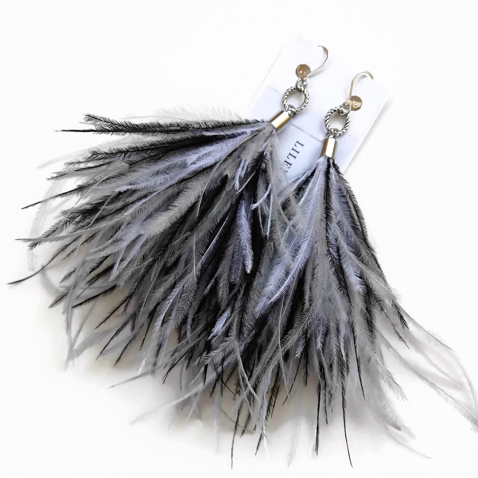 Black White Gray Feather Earrings Long Real Ostrich Feather Etsy