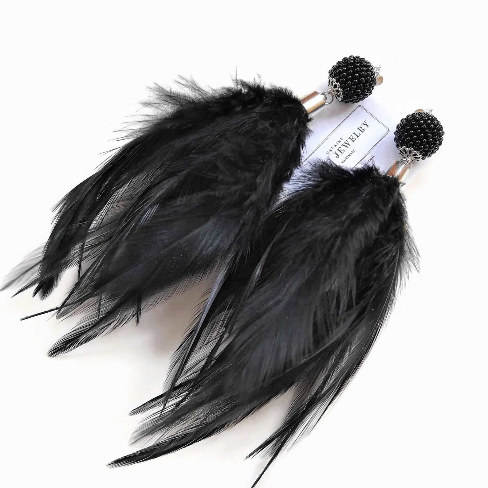 Long Black Feather Earrings Real Feather Beaded Earrings Drop Fashion
