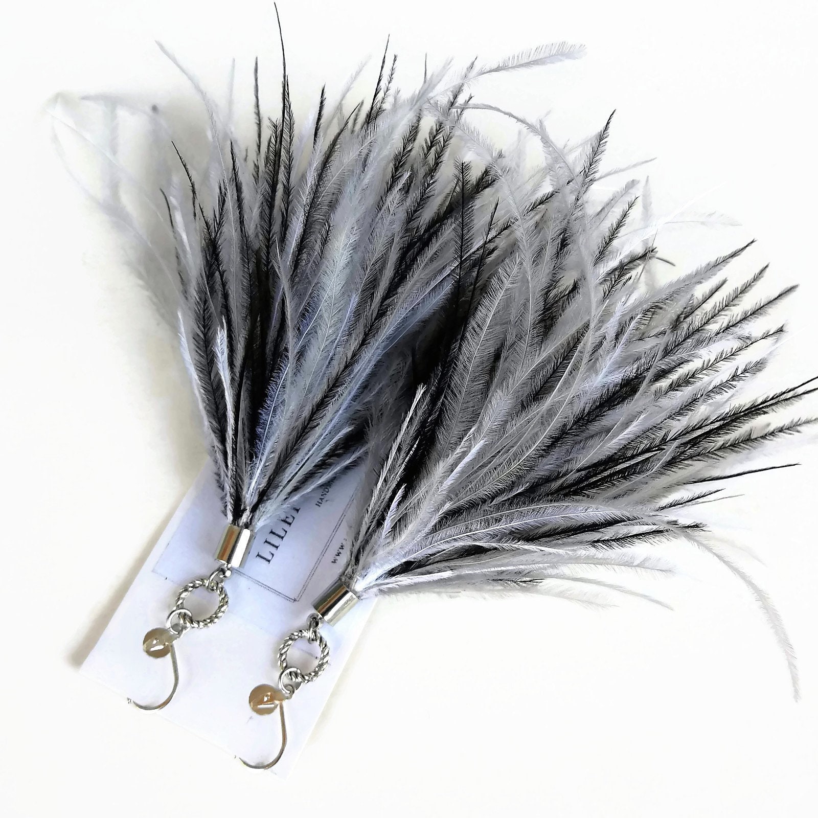 Black White Gray Feather Earrings Long Real Ostrich Feather Etsy