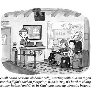 May include: A black and white cartoon illustration of an airport gate area. A staff member stands behind a desk with a microphone. Several travelers with luggage sit in chairs nearby. The text reads: We will board sections alphabetically, starting with A.