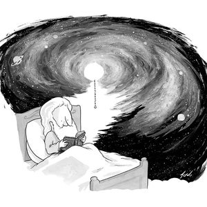 May include: A black and white illustration of a person lying in bed reading a book. The person is surrounded by a swirling galaxy.