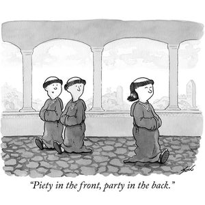Könnte beinhalten: Schwarz-Weiß-Cartoon mit drei Figuren in Roben und Kappen. Zwei stehen mit verschränkten Armen, während eine dritte Figur mit anderer Frisur weggeht. Der Text lautet: „Frömmigkeit vorne, Party hinten“.