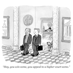 Op de afbeelding: Een zwart-wit cartoon toont twee mannen in pak die in een gerechtsgebouw lopen, met aktetassen. Ze passeren een rechtszaal en een persoon die een tablet gebruikt. De tekst luidt: "Hey, you win some, you appeal to a higher court some."