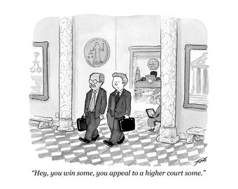 May include: A black and white cartoon depicts two men in suits walking in a courthouse. The men carry briefcases and are walking past a courtroom and a person using a tablet. The text reads: "Hey, you win some, you appeal to a higher court some."