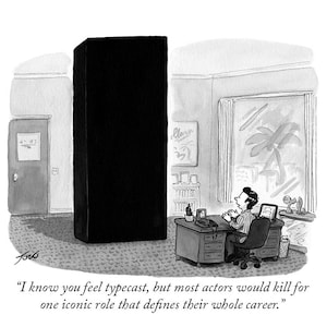Puede incluir: Dibujo en blanco y negro de una oficina con un gran objeto rectangular negro. Una persona está sentada en un escritorio, mirando una computadora. El texto dice: "Sé que te sientes encasillado, pero la mayoría de los actores matarían por un papel icónico que defina toda su carrera."