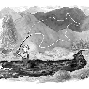 Handsignierter Kunstdruck meiner New Yorker Karikatur "Fliegenfischer"