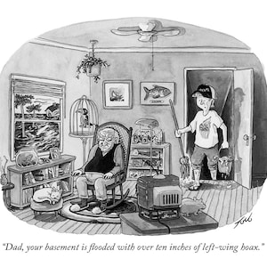 Signierter Kunstdruck meiner New Yorker Karikatur "Dad, Your Basement Is Flooded With Over Ten Inches Of Right-Wing Hoax"