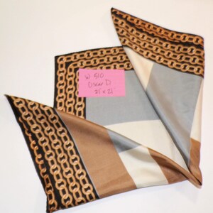 Scarf: Oscar de la Renta Silk 21x21 Equestrian Border Copper Silver Gold Vintage