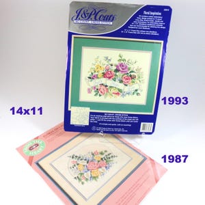 Vintage Floral Cross-Stitch Kit Lot: Pink Flowers, Lace Sampler