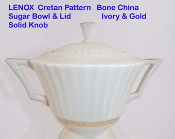 Lenox "Cretan" Pattern, Greek Key Design, 5"H Covered Sugar Bowl, Ivory & 24K Gold Trim