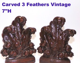 Bookends Vintage Syroco Feather Faux Carved Wood Library Decor