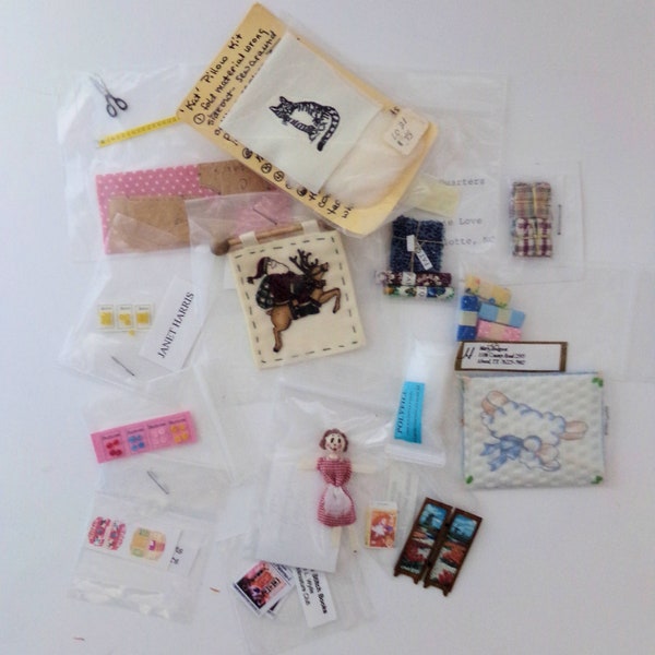 Dollhouse mini-kits and parts Odds and Ends Little Figure Cat Picture Sewing Items Magazines Wall Hanging Santa Baby Quilt