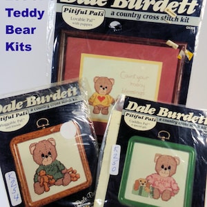 Dale Burdett Craft Kits Lot/3 Cross-Stitch Teddy Bears Pitiful Pals Cuddles, Huggable & Lovable Vintage 1985 Shirt (Yellow, Green, Pink) NOS