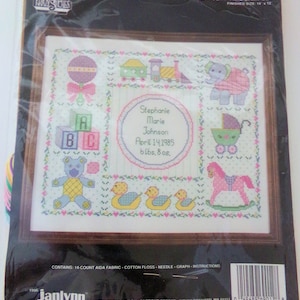 Janlynn: #69-12 &quot;Nursery Time Sampler&#39; Birth Record Pink Blue Yellow 14x12 Vintage 1986