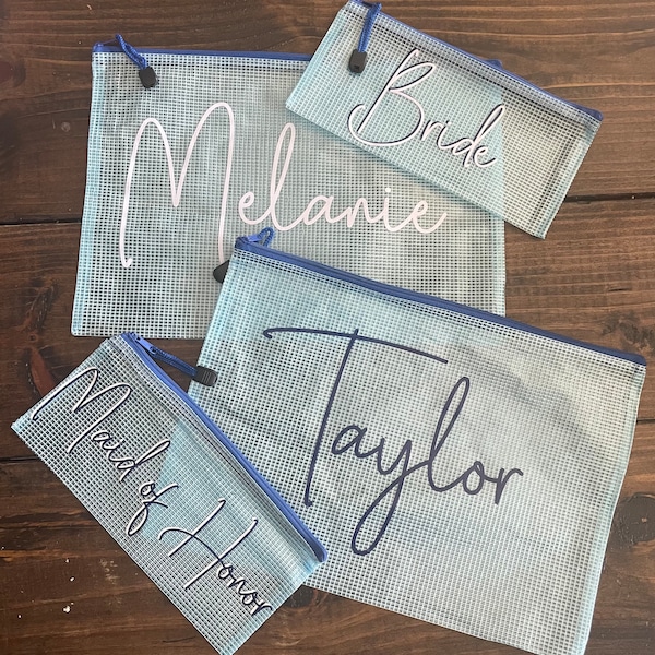 Set of Two (2) Personalized Water-Resistant Zippered Pouches | Daycare/Swim Suit/Bachelorette Favor/Keys/Money/Coupons/Pool/Travel/Organizer