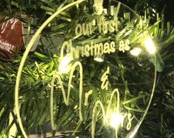 First Christmas as Mr and Mrs - Acrylic Christmas Ornament - Hand-lettered - Customization Available