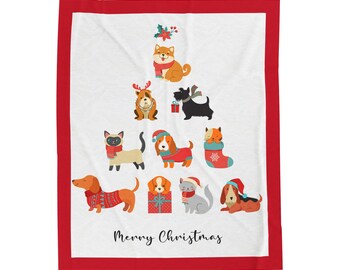 Puppy and Kitten, Dog and Cat Christmas Tree - Velveteen Plush Blanket
