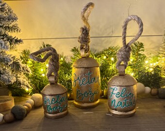 Custom Hand-lettered Gold Cow Bell Ornament | Hrvatska, Croatian, Portuguese, Bilingual, International
