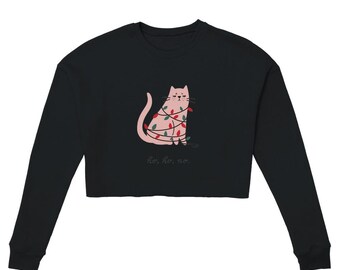 Ho Ho No Funny Cat Holiday Christmas Lights Women's Cropped Sweatshirt | Bella + Canvas 7503