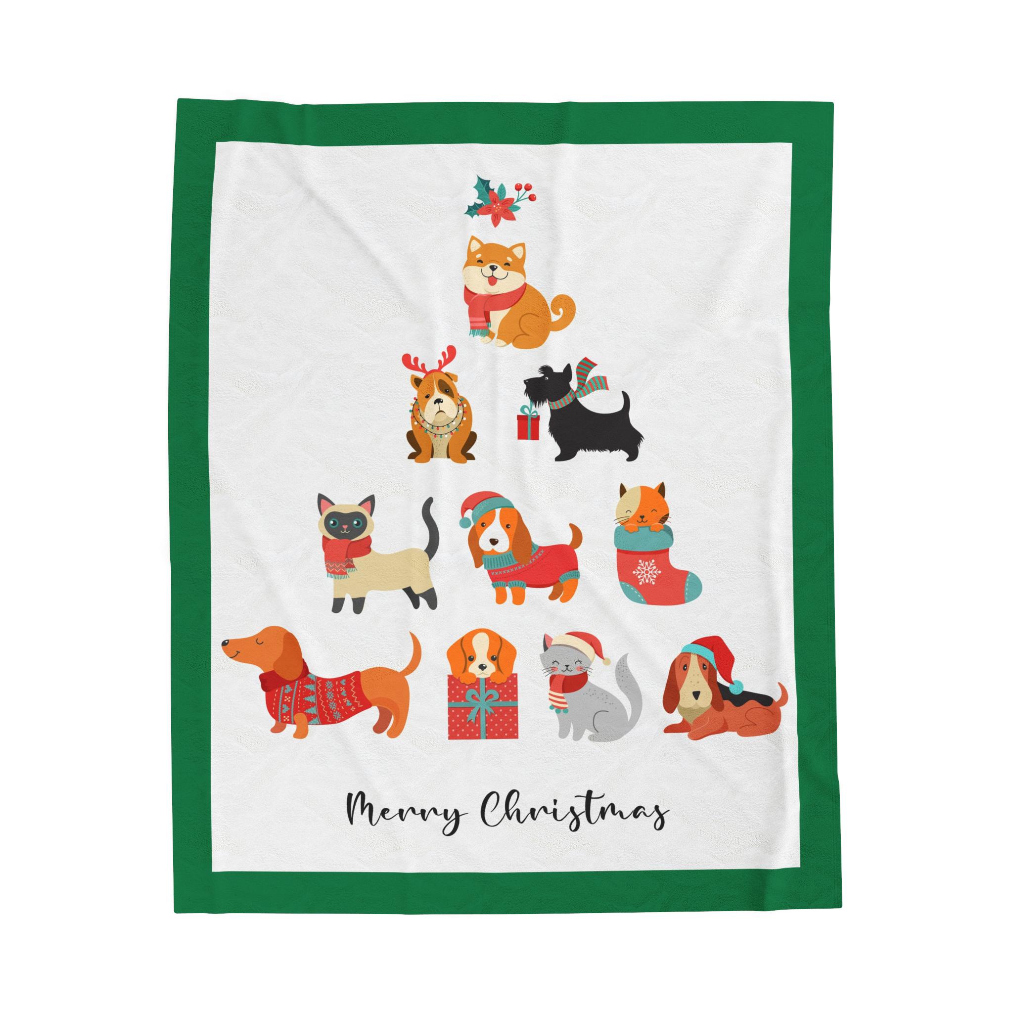 Puppy and Kitten, Dog and Cat Christmas Tree - Velveteen Plush Blanket