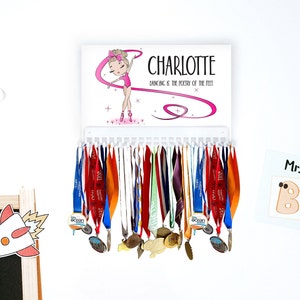 Dancer Medal Hanger Sign with Personalized Name, in Pink Leotard and Ribbon