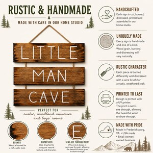 Puede incluir: Un letrero de madera colgante compuesto por tres tablones horizontales unidos por cuerda, con el texto blanco LITTLE MAN CAVE. La madera tiene un acabado te&ntilde;ido oscuro con vetas visibles, bordes quemados y una textura desgastada en la superficie.