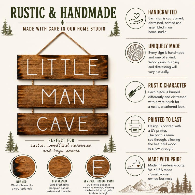 Puede incluir: Un letrero de madera colgante compuesto por tres tablones horizontales unidos por cuerda, con el texto blanco LITTLE MAN CAVE. La madera tiene un acabado te&ntilde;ido oscuro con vetas visibles, bordes quemados y una textura desgastada en la superficie.