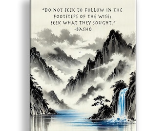Japanese Blue Waterfall Canvas with Basho Quote