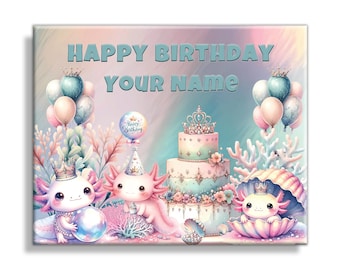 Personalized Axolotl Birthday Sign on Canvas, Axolotl Party Supplies