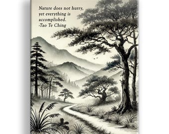 Zen Canvas Art: Sumi-e Ink Landscape with Tao Te Ching Quote