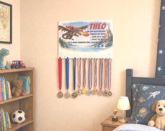 Personalized Dragon Medal Holder | Kids Sports Display | Custom Name Wall Decor
