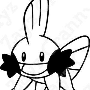 May include: A black and white line art illustration of a small creature with a large head, a tall fin on top, wide oval eyes, a broad smiling mouth, dark cheek patches, and a pointed tail, depicted in a simple, clean graphic style.