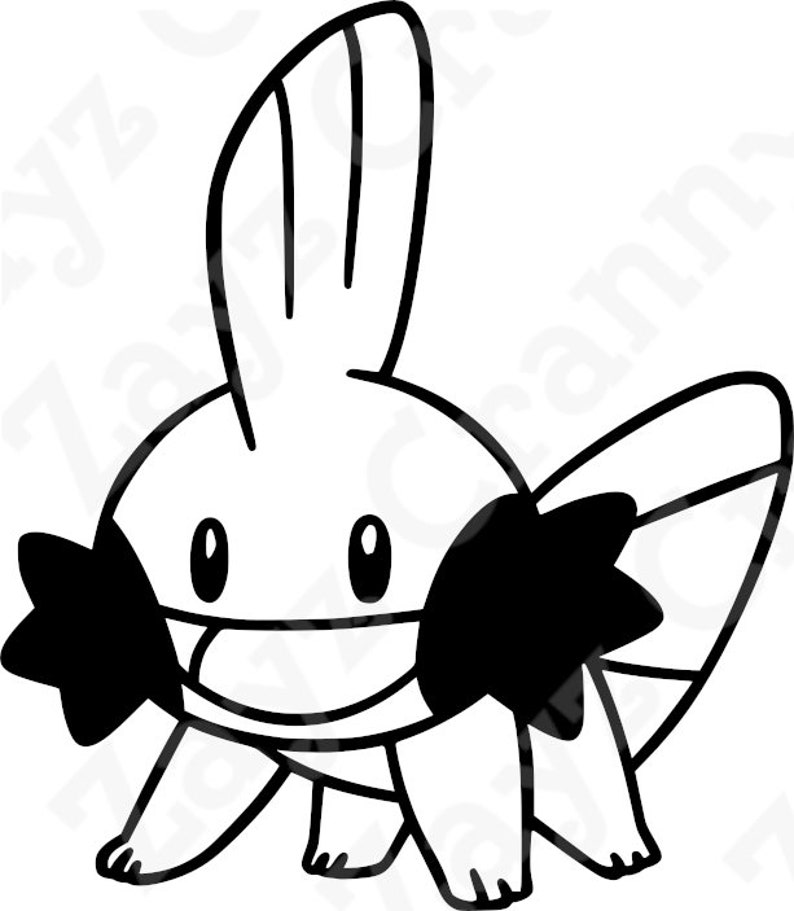 May include: A black and white line art illustration of a small creature with a large head, a tall fin on top, wide oval eyes, a broad smiling mouth, dark cheek patches, and a pointed tail, depicted in a simple, clean graphic style.